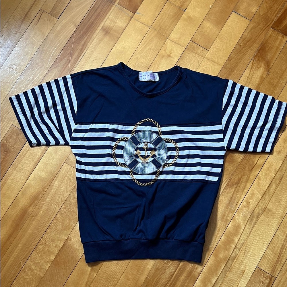 Navy & White Striped Short Sleeve Tee with Nautical Rope Emblem